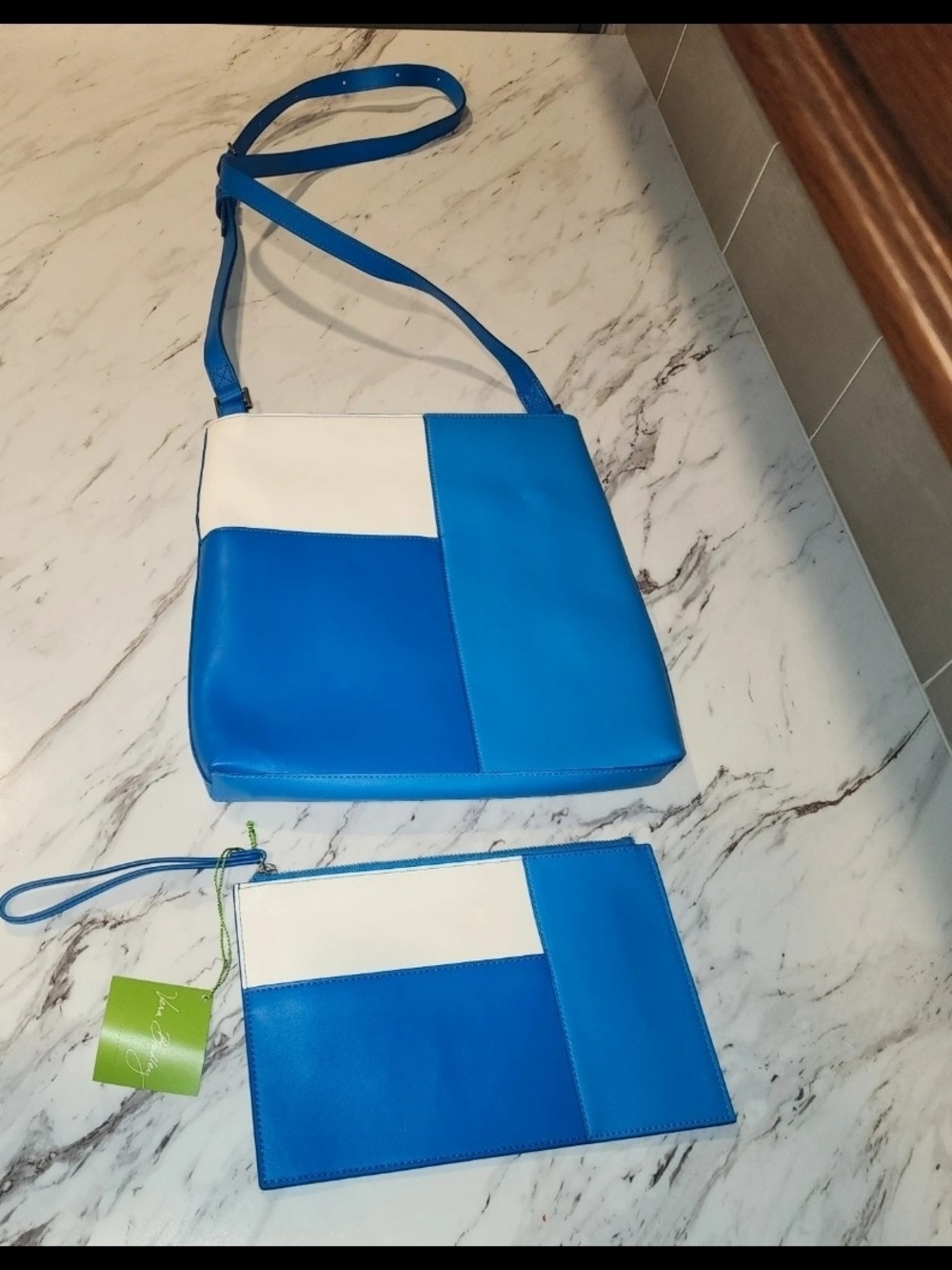 Vera Bradley Blue and White Colorblock Crossbody Bag with Matching Wristlet